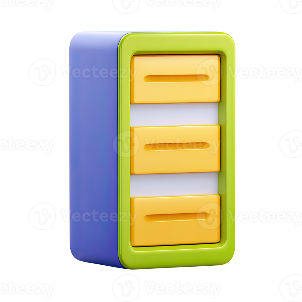 3D server rack data storage unit. Symbolizes data, servers, network storage, cloud tech. Ideal for IT, technology, or database management concepts. Rendered, isolated. png