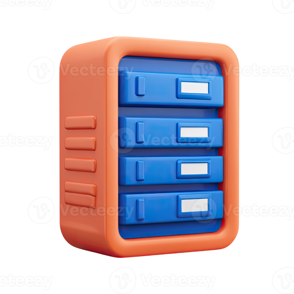 Orange and blue 3D server rack. Represents IT infrastructure, data servers, network storage. Perfect for technology or database administration themes. Rendered, isolated. png