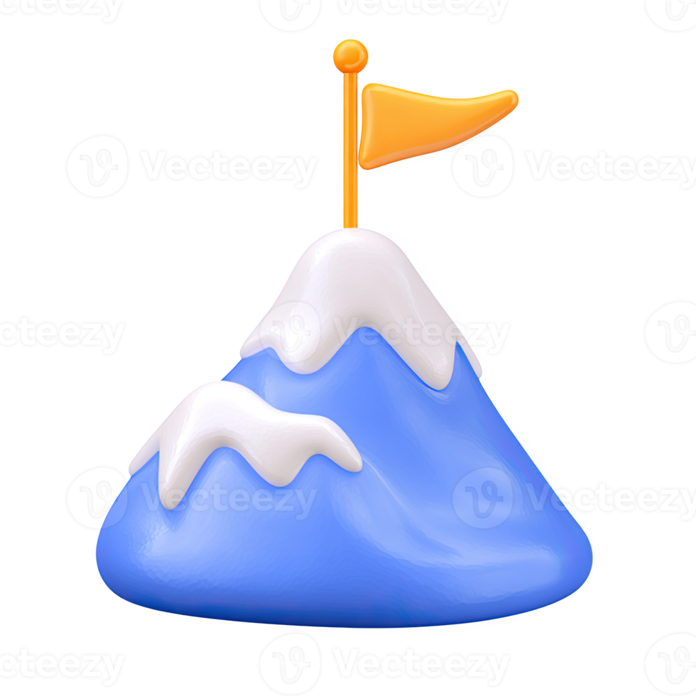 Snow-capped 3D mountain with orange flag. Symbolizes success, achievement, reaching goals. Perfect for leadership or overcoming difficult challenges. Rendered, isolated. png