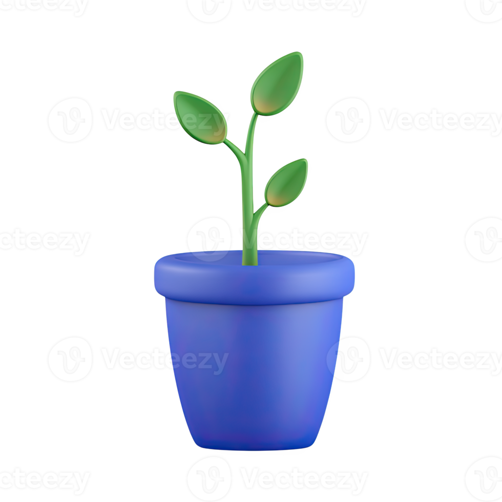 Green 3D seedling in blue pot icon. Symbolizes growth, new beginnings, investment, sustainable development, or a startup venture. Ideal for eco. Rendered. png