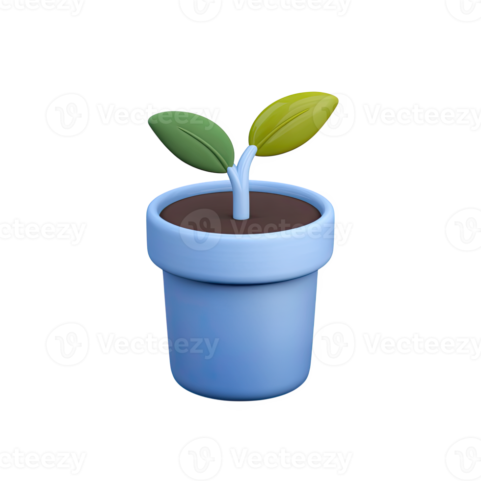 3D green plant seedling in a pot icon. Represents business growth, new ventures, sustainable development, investment, or environmental care. Rendered. png