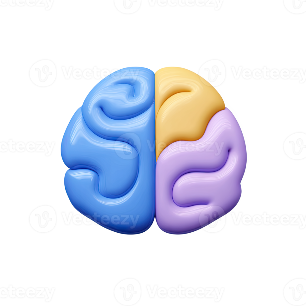 Two toned 3D brain icon, split design. Represents dual thinking logic creativity, intellect, psychology, or idea generation. Ideal for concepts. Rendered. png
