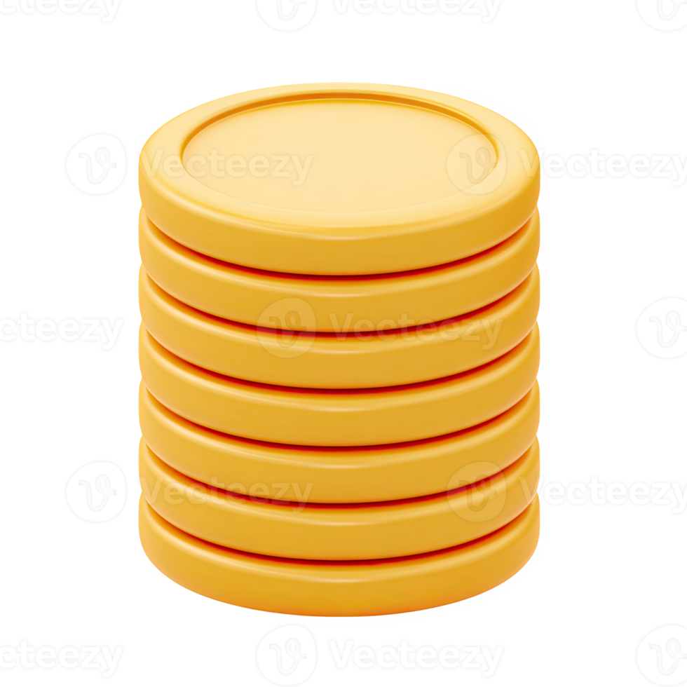 Tall 3D stack of gold coins icon. Symbolizes wealth, finance, savings, investment returns, currency, or business profit. Perfect for financial apps. Rendered. png