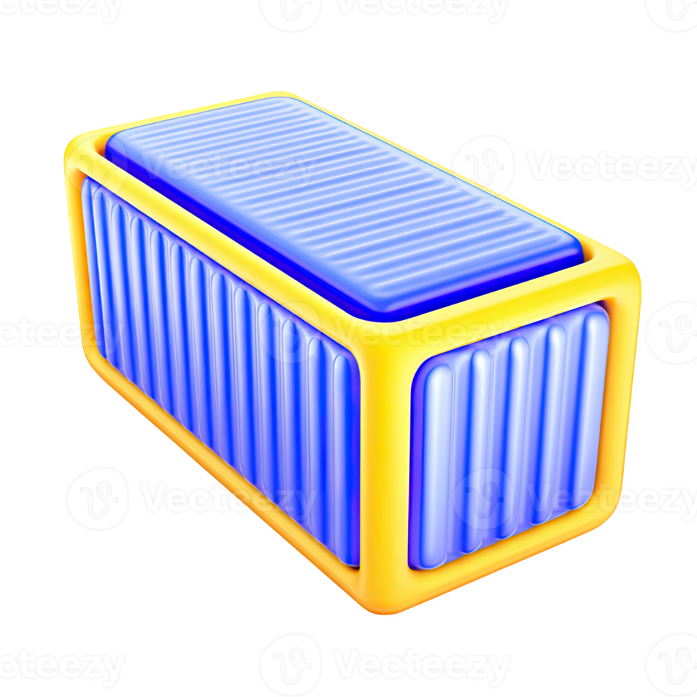 Blue and yellow 3D shipping container icon. Symbolizes global trade, logistics, cargo transport, and supply chain management. Ideal for freight businesses. Rendered. png