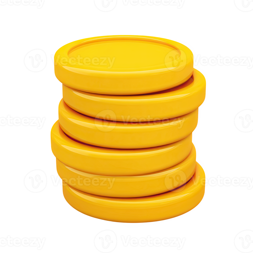 Angled 3D stack of shiny gold coins. Represents financial assets, investment, savings, wealth accumulation, or currency. Ideal for banking visuals. Rendered. png