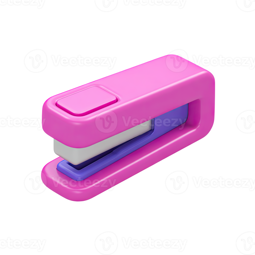Pink 3D office stapler icon. Represents office supplies, document binding, paperwork organization, or administrative tasks. Ideal for stationery. Rendered. png