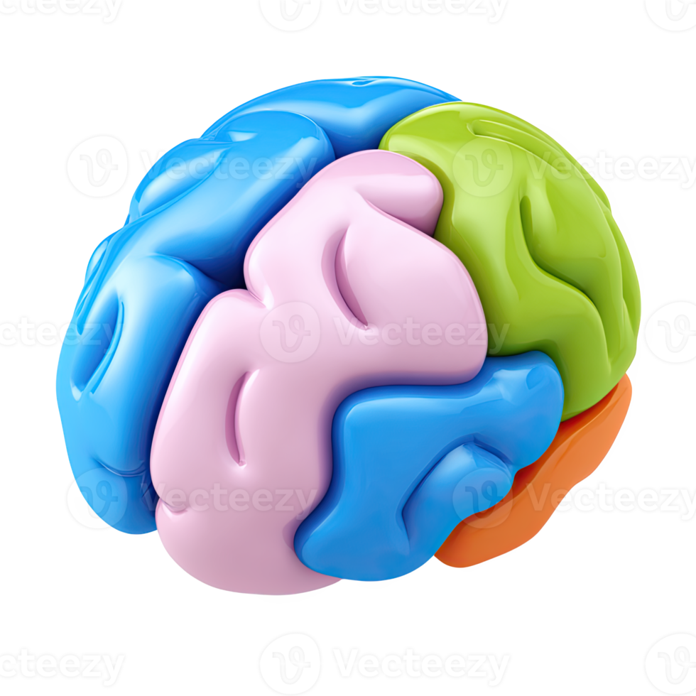Colorful 3D human brain icon. Symbolizes intelligence, creativity, brainstorming, psychological processes, innovative ideas, or strategic thinking. Rendered. png
