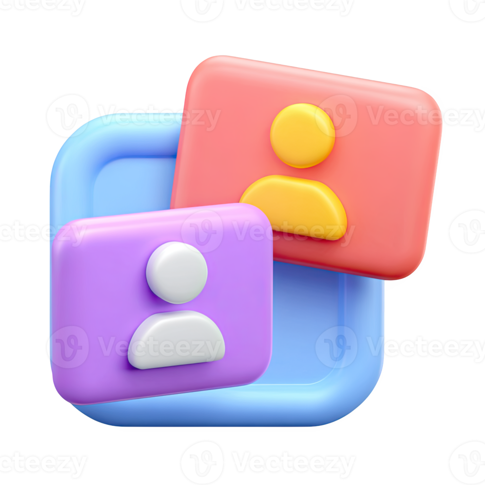 Stacked 3D ID cards or user badges. Represents identification, security access, membership, employee profiles, or networking contacts. Ideal for events. Rendered. png