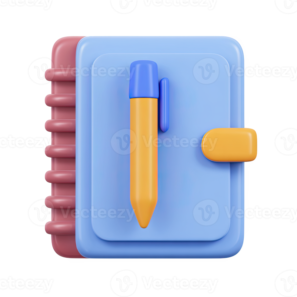 Blue 3D spiral notebook with an orange pen in holder. Symbolizes note-taking, journaling, academic planning, and organized study habits in education. Rendered, isolated. png