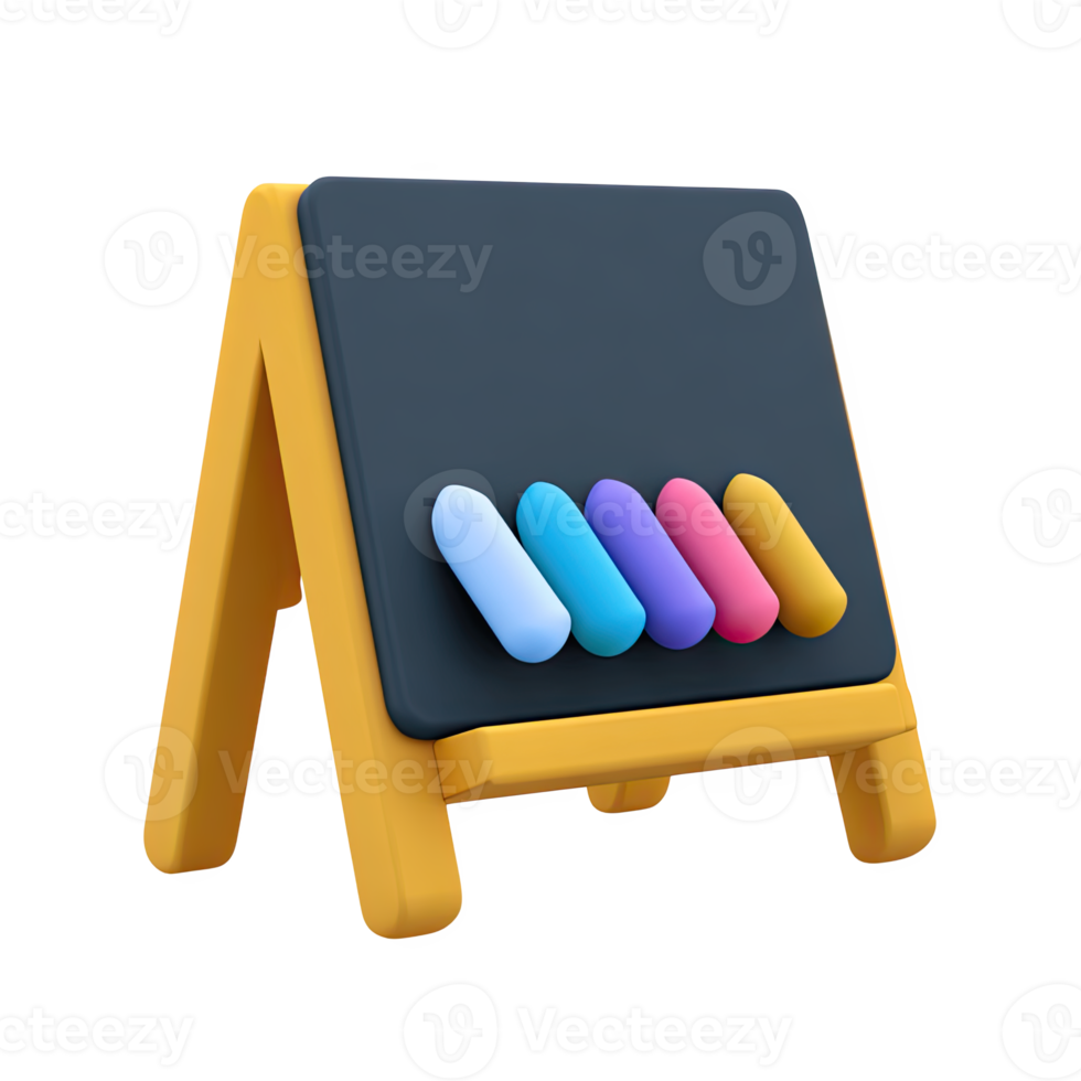 3D chalkboard easel with colorful chalk sticks. Symbolizes classroom teaching, lessons, learning, and traditional educational methods. Rendered visual, isolated for design. png