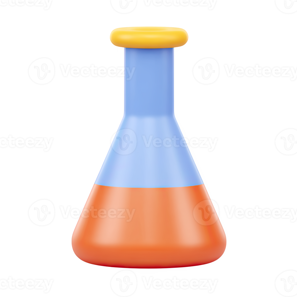 3D Erlenmeyer flask with orange liquid. Symbolizes chemistry, science experiments, laboratory work, and scientific research in education. Rendered visual, isolated asset. png