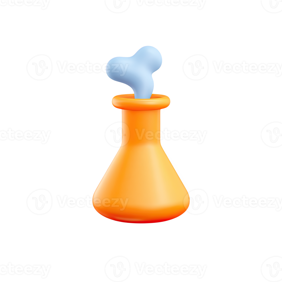 Orange 3D laboratory flask with a bone shape emerging as vapor. Symbolizes unique experiments in biology, paleontology, or creative science education. Rendered, isolated. png