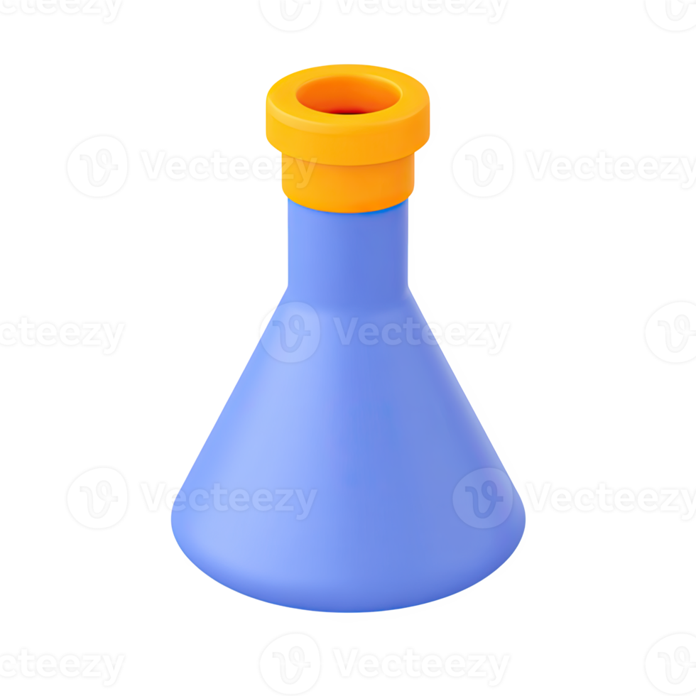 Blue 3D laboratory flask with an orange top. Represents chemistry experiments, scientific research, lab equipment, and science education. Rendered visual, isolated for design. png