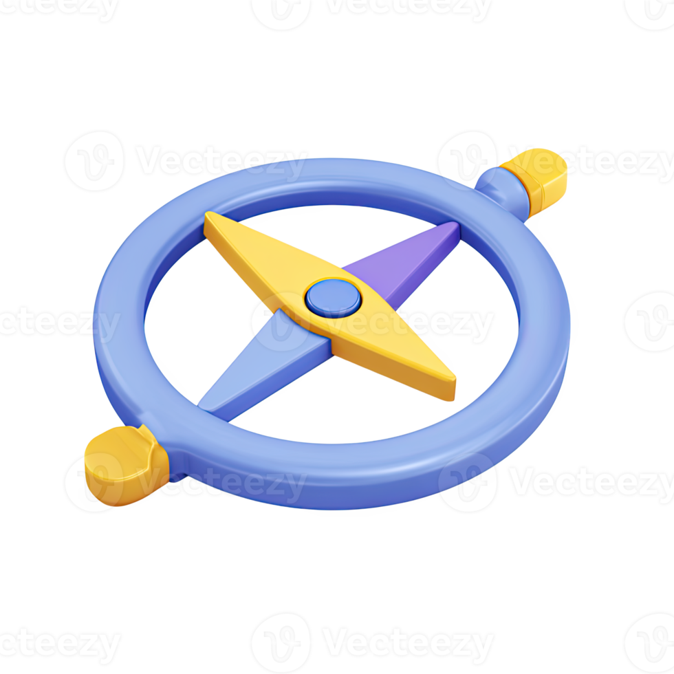 Blue and yellow 3D compass icon. Symbolizes geography education, navigation skills, exploration, direction finding, and adventure learning. Rendered visual, isolated. png
