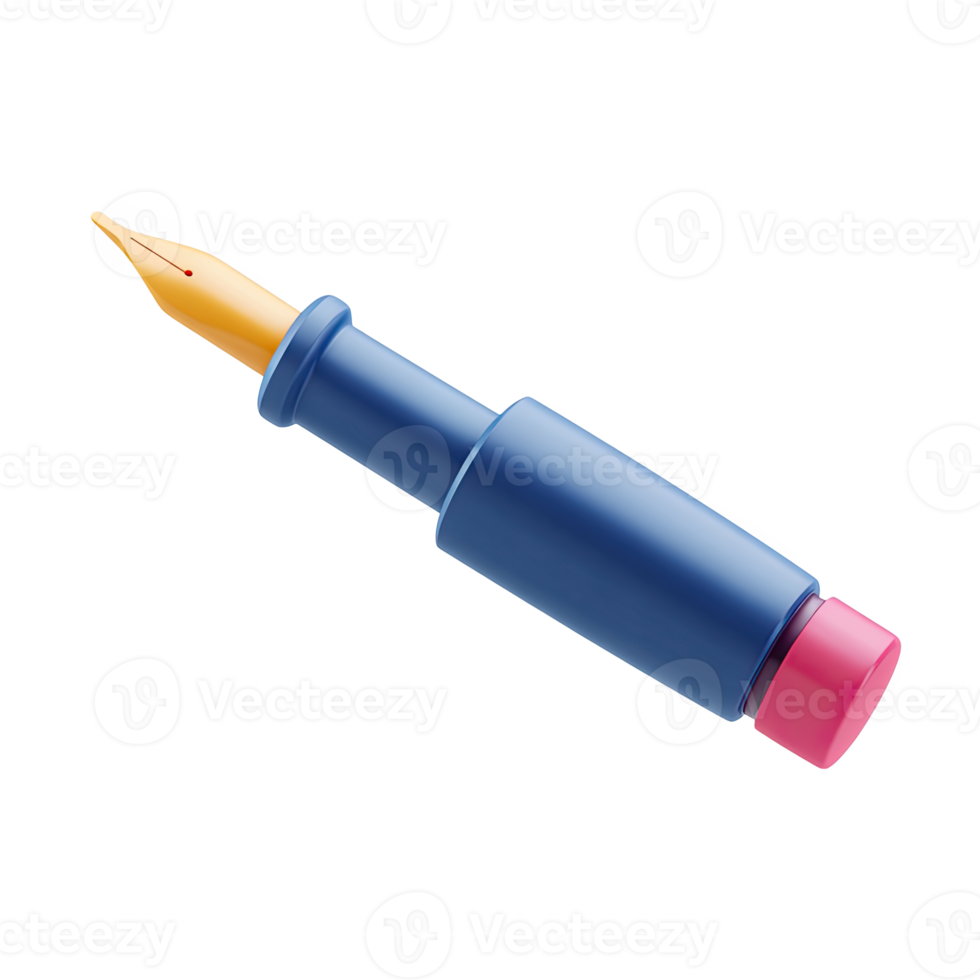 Dark blue 3D fountain pen with a pink nib section. Symbolizes classic writing, literature studies, formal signatures, and elegant penmanship education. Rendered, isolated. png
