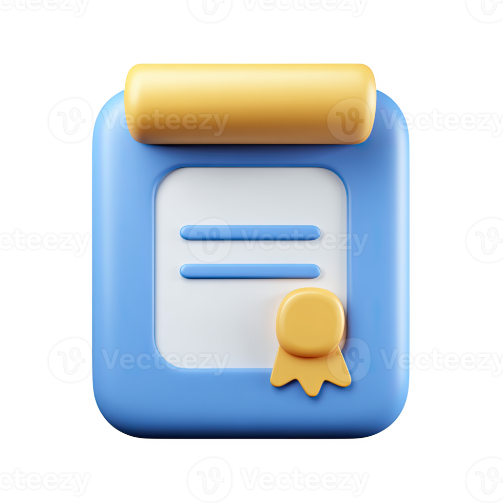 Blue 3D clipboard with document and gold seal. Represents school reports, academic evaluations, official records, educational assessments. Rendered visual, isolated. png