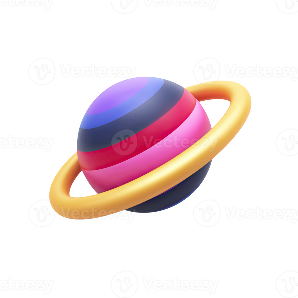 Colorful 3D planet with rings, resembling Saturn. Represents astronomy, space science education, solar system studies, and cosmic discovery. Rendered visual, isolated. png