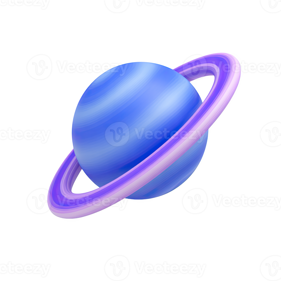 Blue 3D planet with purple rings. Symbolizes space exploration, astronomy education, planetary science, and learning about the universe. Rendered visual, isolated asset. png