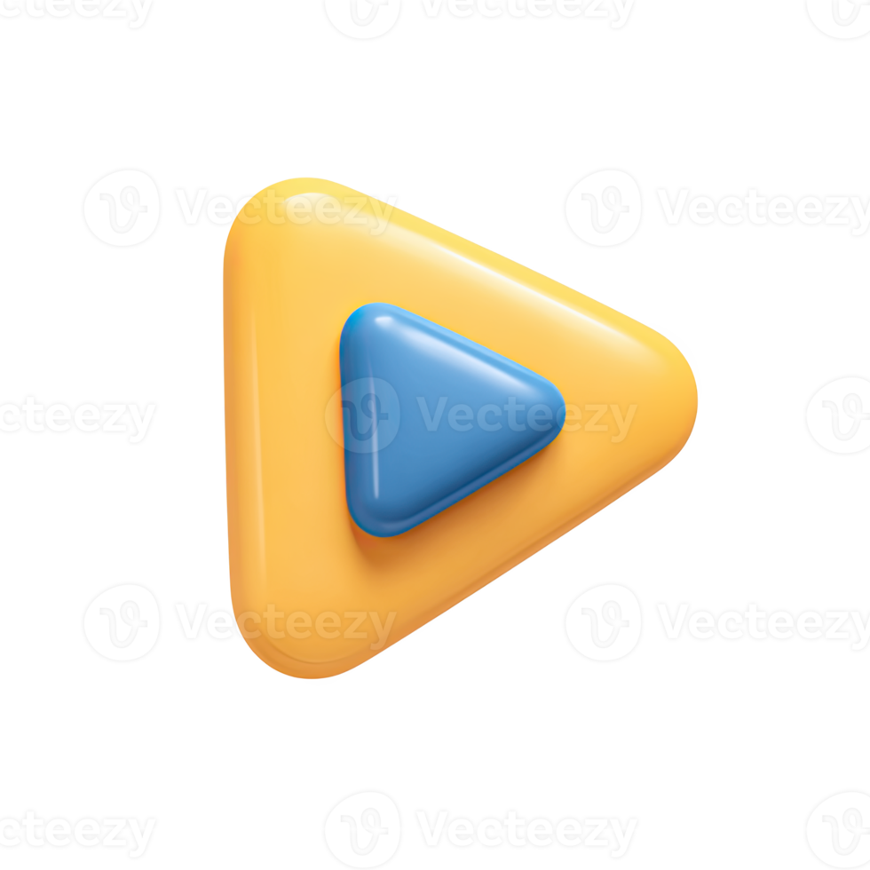 Yellow and blue 3D play button icon. Symbolizes educational videos, e-learning content, multimedia lessons, and online course engagement. Rendered visual, isolated. png