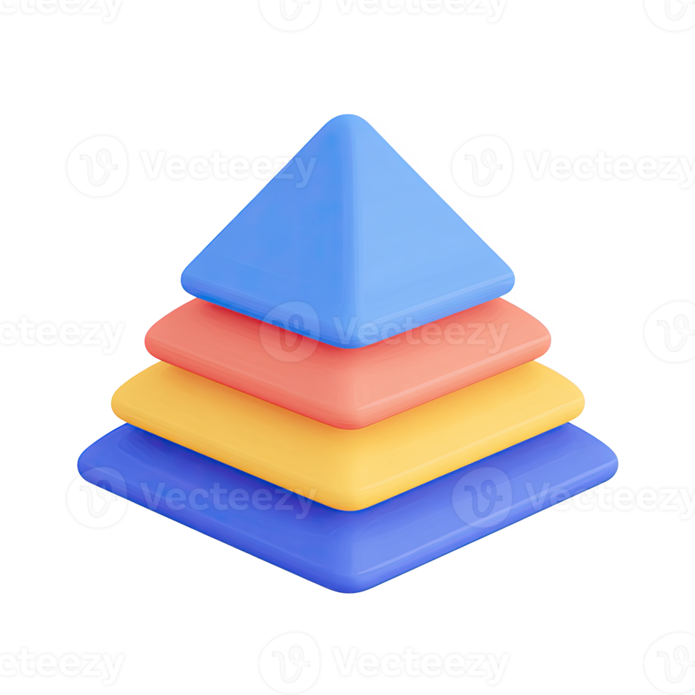 Colorful 3D layered pyramid chart. Symbolizes Maslow's hierarchy, educational theories, structured learning, levels of knowledge, or organizational concepts. Rendered, isolated. png