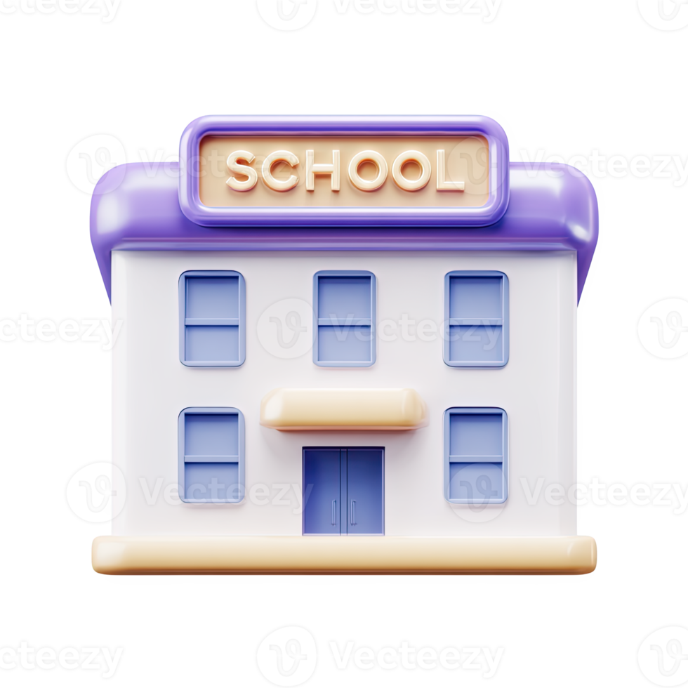 Purple and white 3D school building with yellow base. Represents educational institutions, learning centers, academies, and places of study. Rendered visual, isolated. png