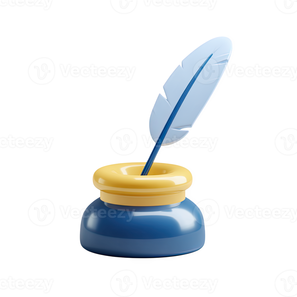 Blue 3D inkwell with a white feather quill. Symbolizes classic literature, historical writing, traditional education, and the art of calligraphy. Rendered visual, isolated. png