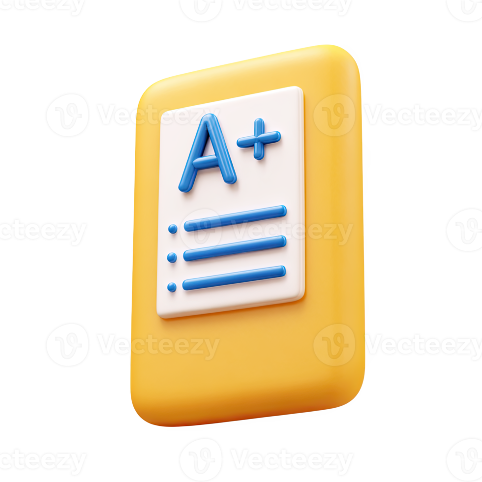 Yellow 3D report card or test result showing an A grade. Symbolizes academic excellence, successful learning, high achievement in education. Rendered visual, isolated. png