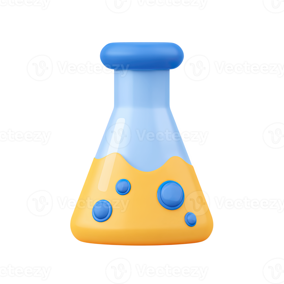 Yellow 3D laboratory flask with blue top and bubbling orange liquid. Symbolizes dynamic chemistry experiments, science education, and active lab research. Rendered, isolated. png