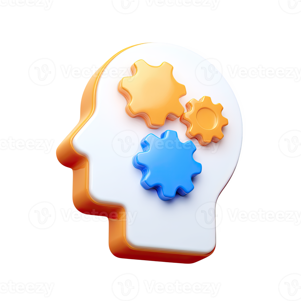 3D head profile with colorful gears inside. Represents critical thinking, problem-solving, cognitive processes, and intellectual development in education. Rendered, isolated. png