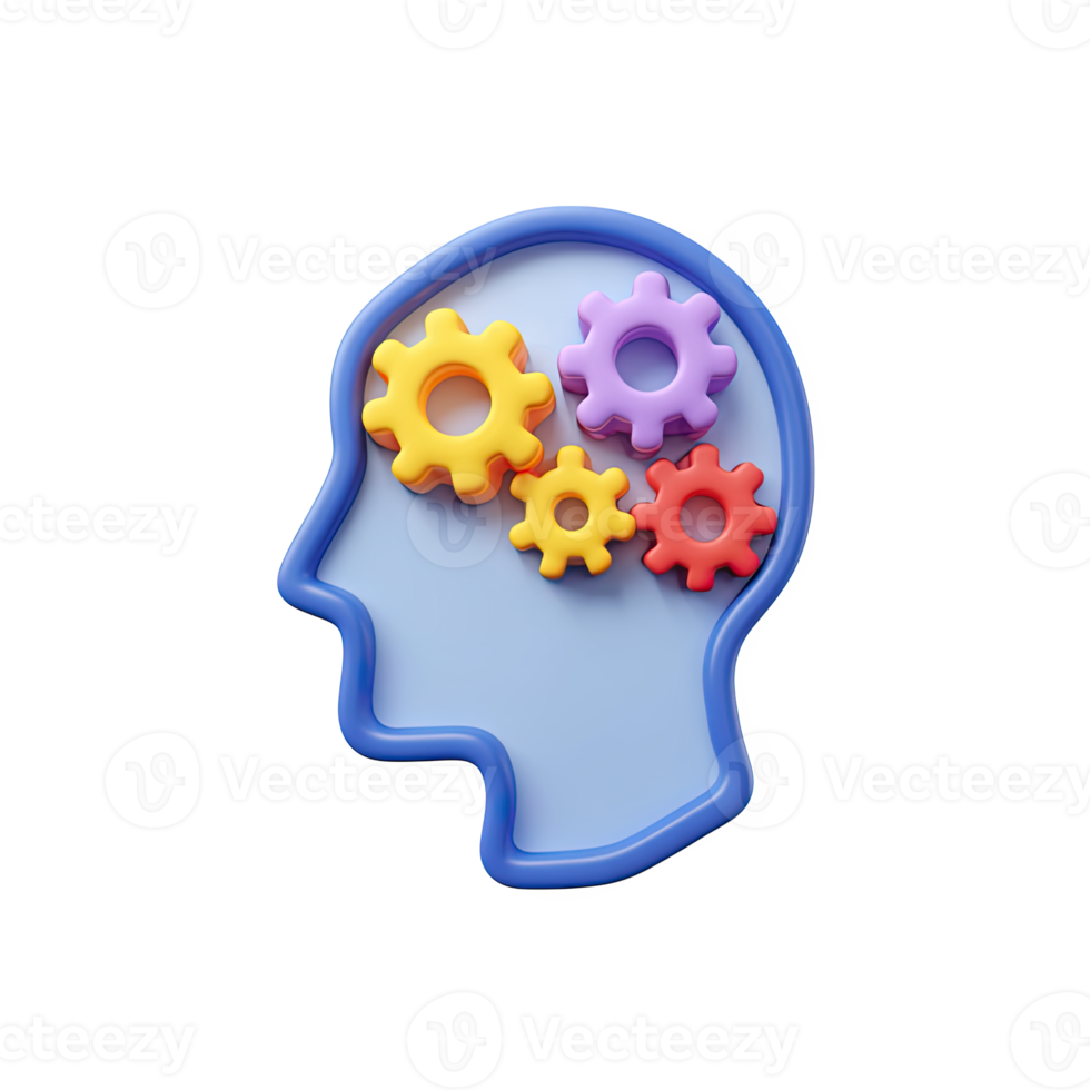 Blue 3D head silhouette with colorful internal gears. Symbolizes thought processes, learning mechanics, cognitive function, and educational psychology. Rendered, isolated. png