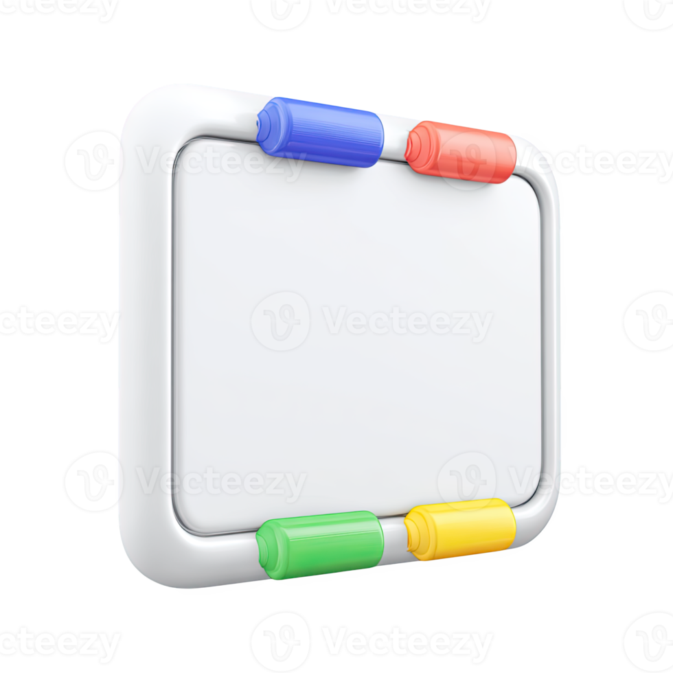 Classic 3D whiteboard with colorful markers. Ideal for classroom teaching, presentations, and brainstorming educational ideas. Rendered and isolated for use. png