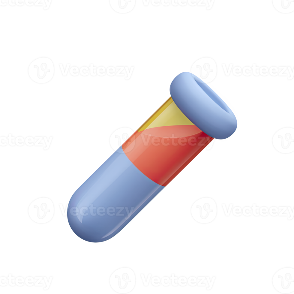 Blue 3D test tube with red and yellow liquid. Symbolizes chemistry, science experiments, lab work, and educational discovery. Rendered and isolated design. png