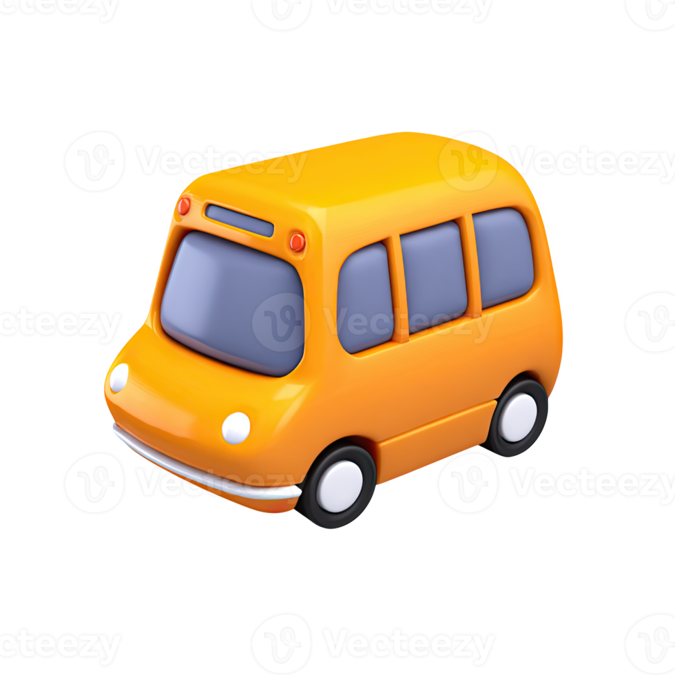 Orange 3D school bus icon, side view. Symbolizes student transportation, education, back to school, and daily school commute. Rendered and isolated graphic. png