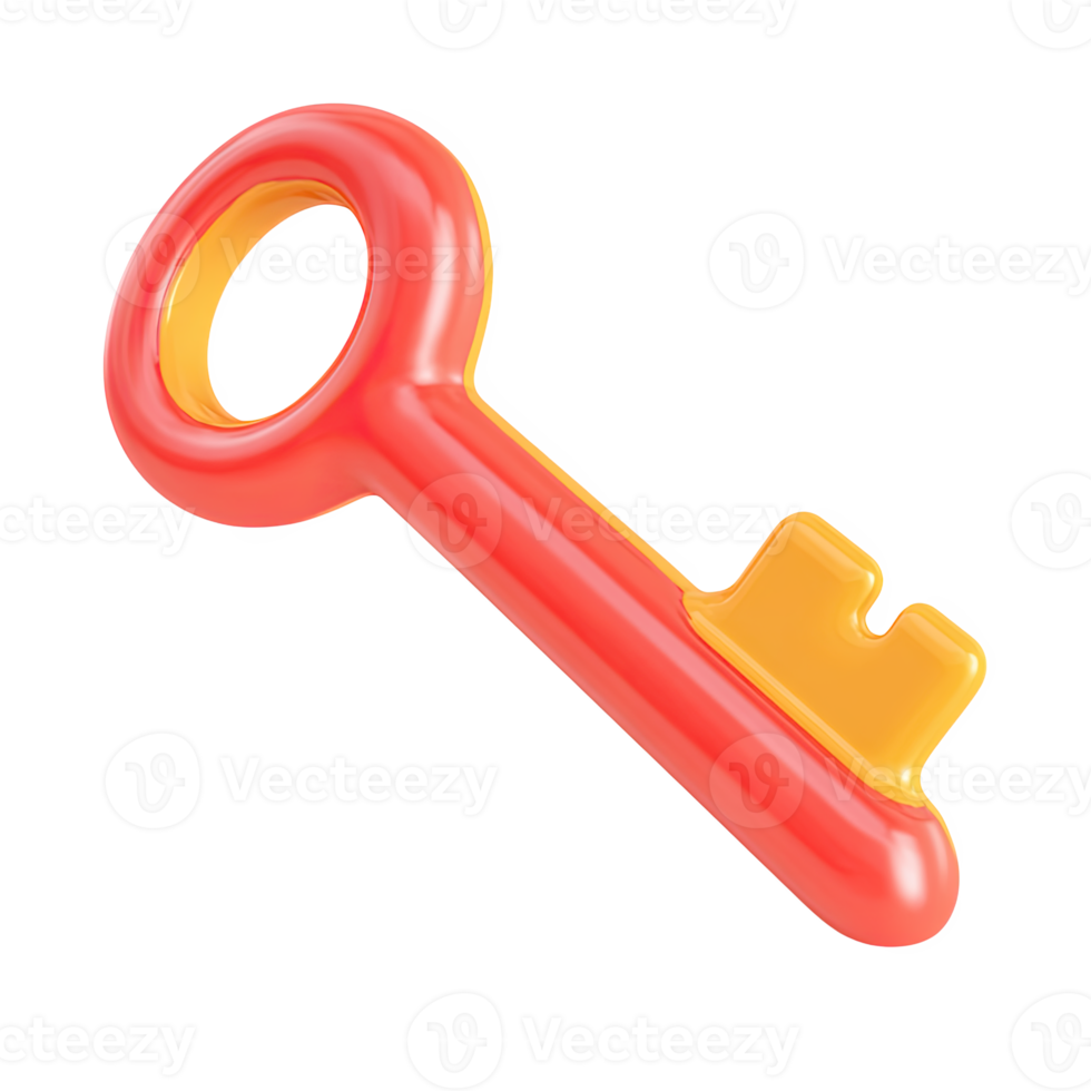 Orange and yellow 3D key icon. Symbolizes access to knowledge, unlocking potential, solutions in education, and learning success. Rendered and isolated design. png