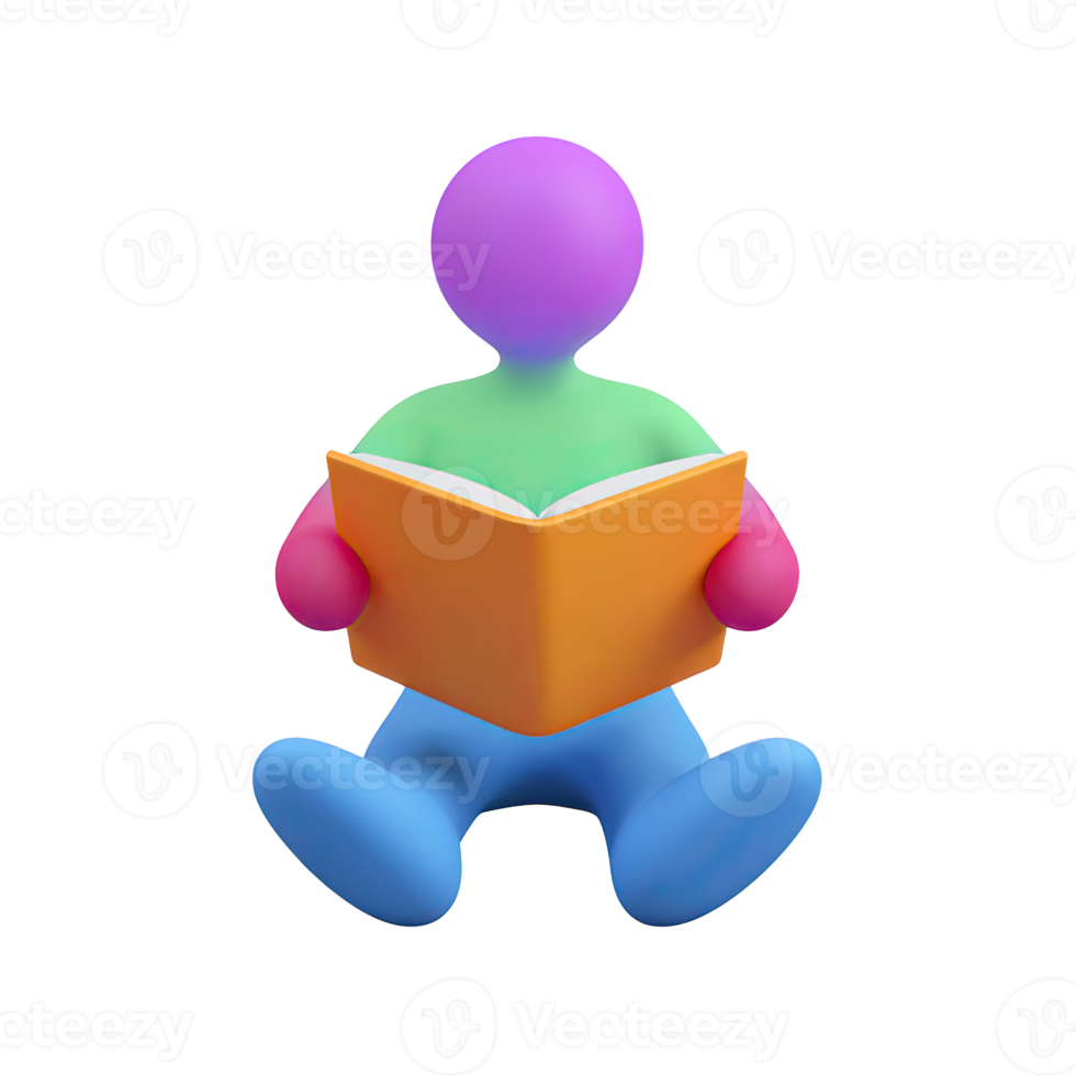 Abstract 3D figure reading a book. Symbolizes learning, studying, knowledge acquisition, and education. Rendered and isolated for conceptual use in design. png