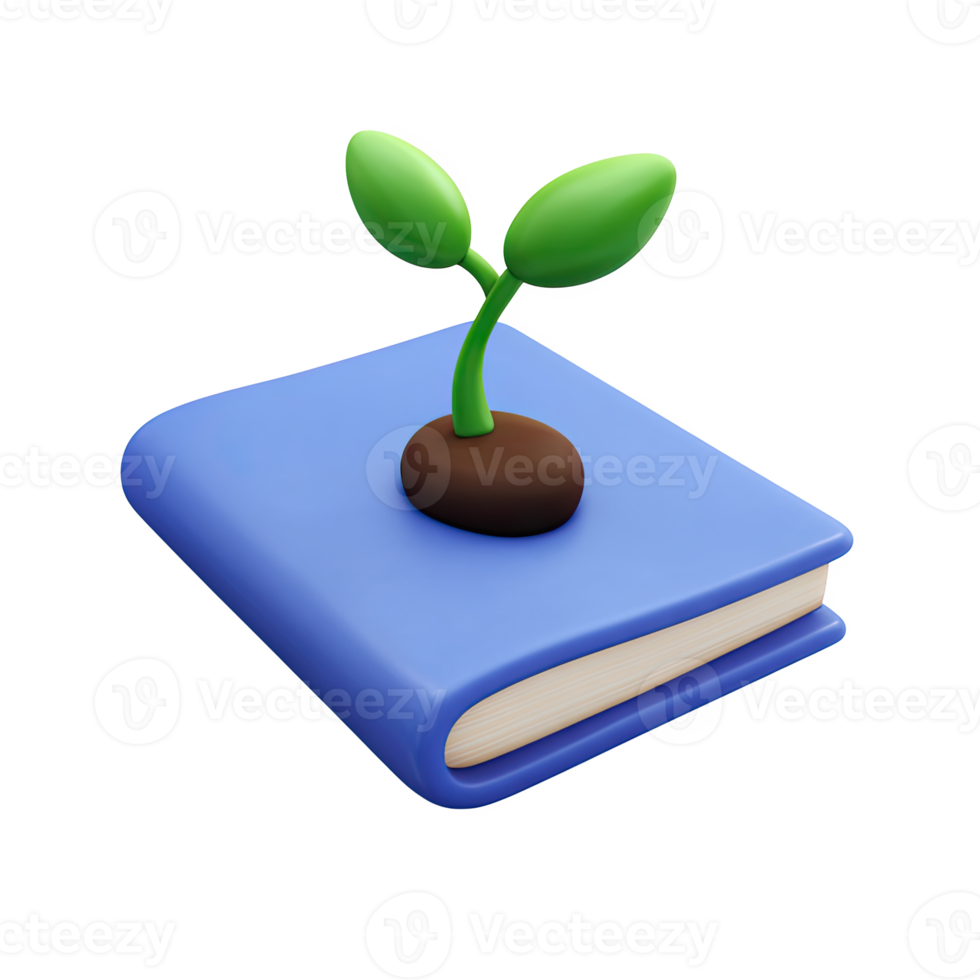 Blue 3D book with a green sprout. Represents growth in knowledge, learning, education, and new beginnings in study. Rendered and isolated for concepts. png