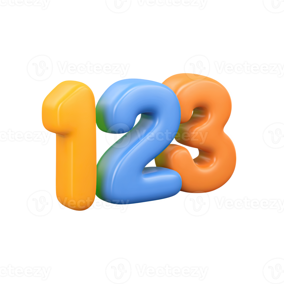 Colorful 3D numbers 123 icon. Symbolizes basic numeracy, mathematics education, counting, learning numbers, and elementary math. Rendered and isolated design. png