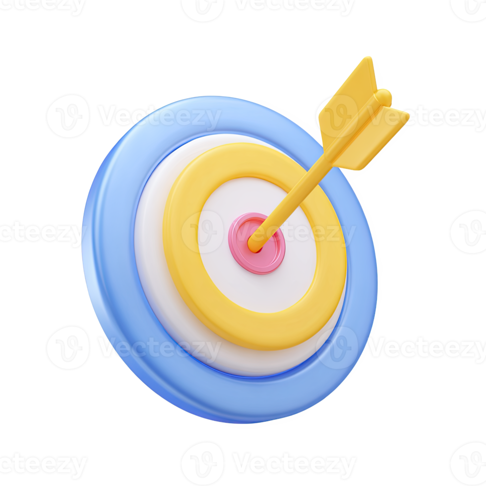 Blue and yellow 3D target with arrow in bullseye. Symbolizes goals, achievement, precision in education, and success. Rendered and isolated for concepts. png