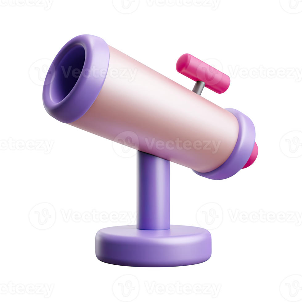 Purple and pink 3D telescope icon. Symbolizes discovery, exploration, scientific research, and looking ahead in education. Rendered and isolated graphic. png