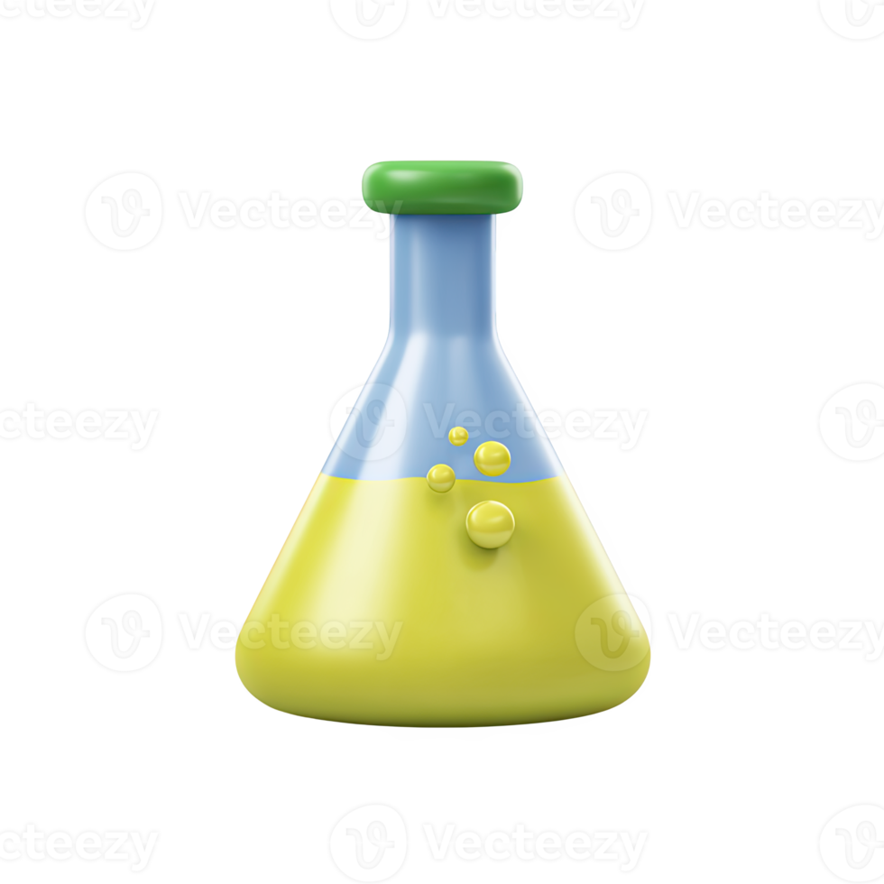 Bright 3D yellow and green conical flask icon. Perfect for science, chemistry labs, and educational materials. Symbolizes experiments. Rendered and isolated. png