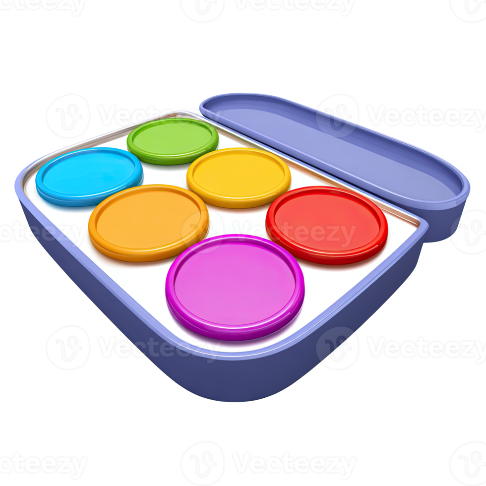 Colorful 3D watercolor paint palette, open case. Represents artistic learning, creativity, school art projects, and painting. Rendered and isolated for design. png