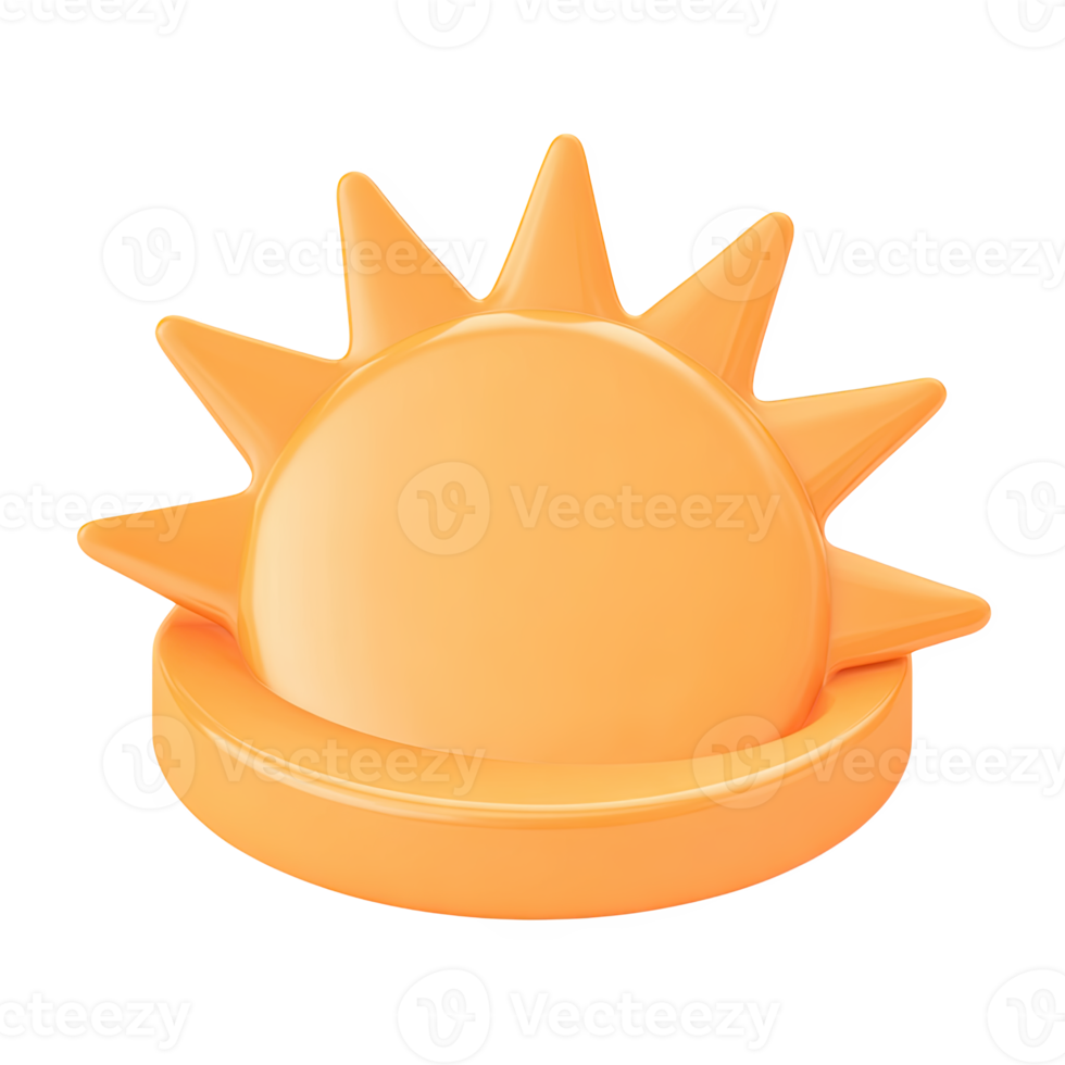 Simple 3D sun icon rising or setting. Symbolizes new market beginnings, optimistic trends, or daily economic cycles. Ideal for outlook concepts. Rendered, isolated. png
