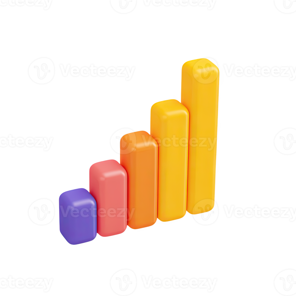 Vibrant 3D bar chart with ascending orange and purple bars. Symbolizes financial growth, market trends, and statistical data. Perfect for presentations. Rendered visual, isolated. png