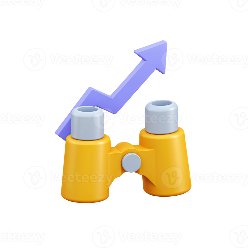 Yellow 3D binoculars with a purple upward arrow. Symbolizes market forecast, trend spotting, vision for growth, or identifying opportunities. Rendered, isolated. png