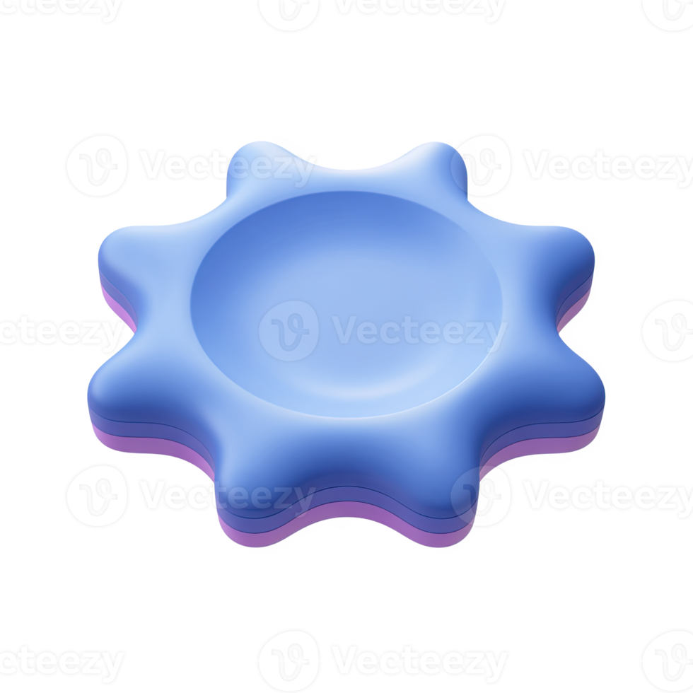 Blue 3D gear or cogwheel icon. Symbolizes market mechanisms, business processes, operational trends, or industrial systems. Perfect for mechanics. Rendered, isolated. png