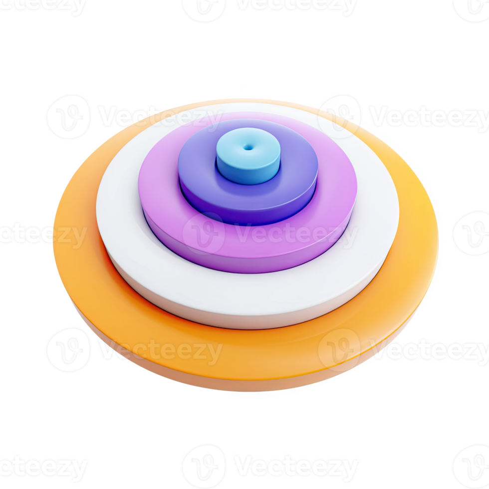 Concentric 3D rings in orange, white, purple, blue. Represents market layers, targeting, focus, or hierarchical structures in business trends. Rendered, isolated. png