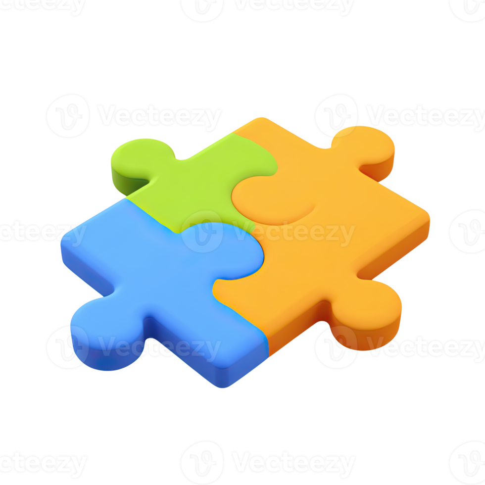 Four 3D puzzle pieces in green, blue, orange, yellow. Represents market integration, finding solutions, collaborative strategy, or completing a project. Rendered, isolated. png