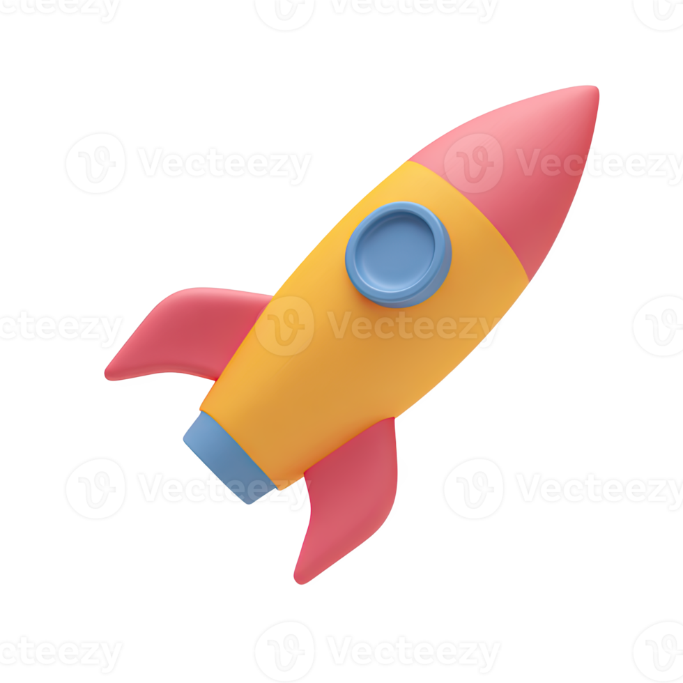 Red and yellow 3D rocket icon angled upwards. Symbolizes dynamic market growth, soaring business trends, or successful project launches. For ambition. Rendered, isolated. png