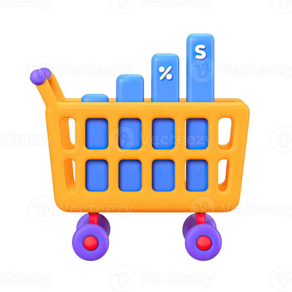 Orange 3D shopping cart with bar chart and dollar sign. Represents retail sales growth, e-commerce financial trends, or market spending analysis. Rendered, isolated. png