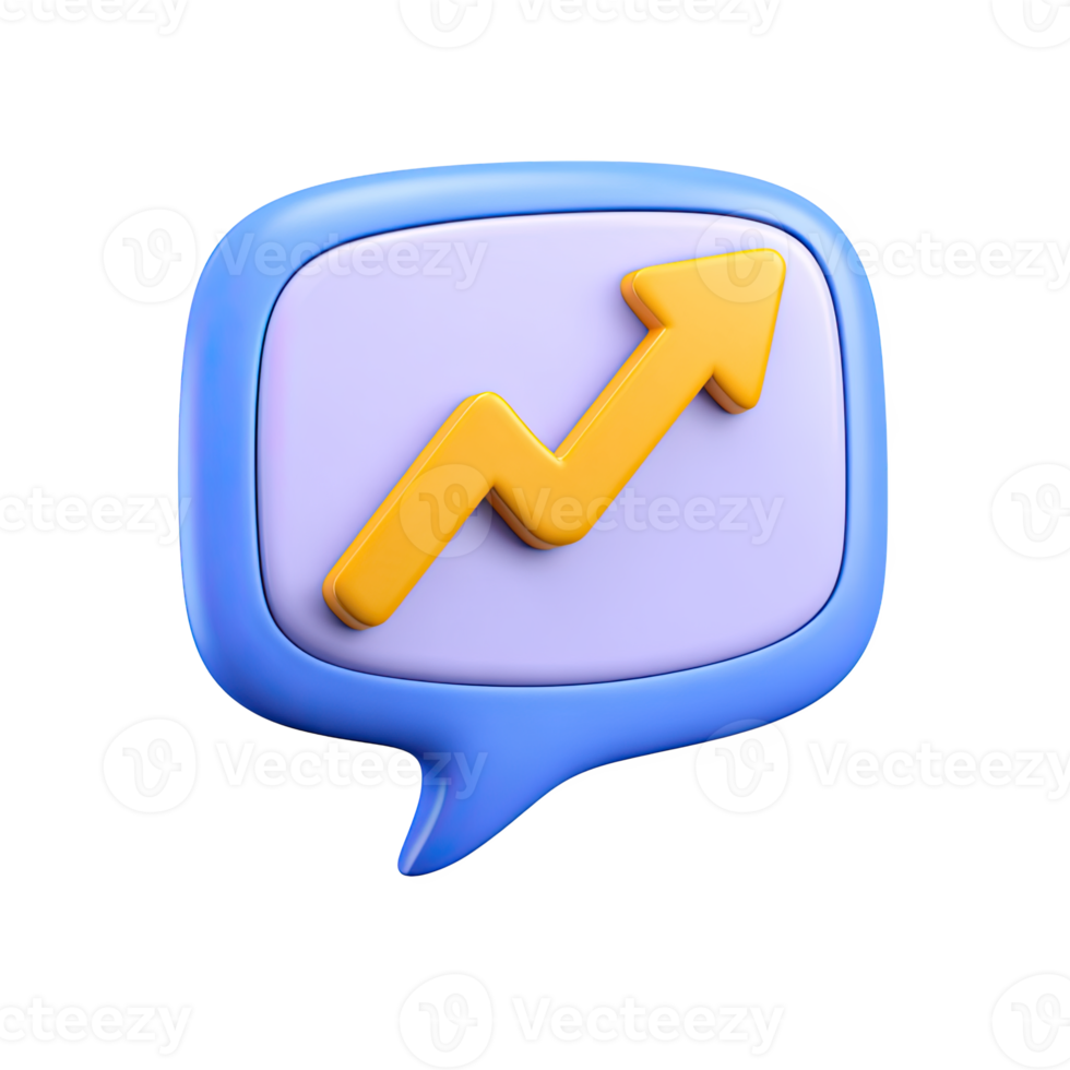 Blue 3D speech bubble with yellow upward zig-zag arrow. Represents trending topics, fluctuating market sentiment, or dynamic communication. Rendered, isolated. png